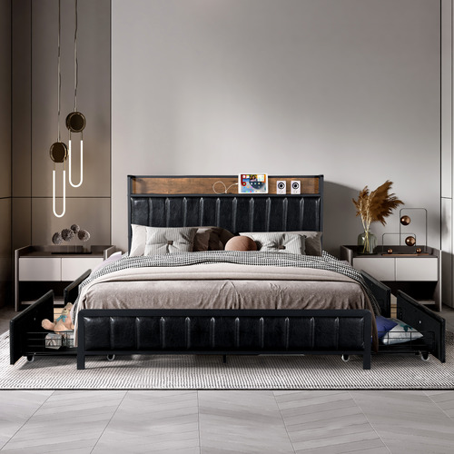 Oakleigh Home Anna Queen Bed with Charging Station Drawers Temple Webster